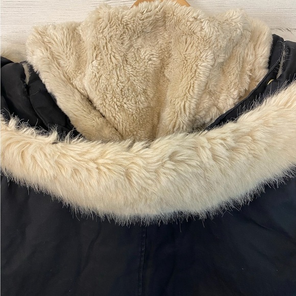 TOP SHOP Women Black Cotton Hooded Parka Jacket Sz 14 Faux Fur Lined Gold Zipper - Picture 11 of 13